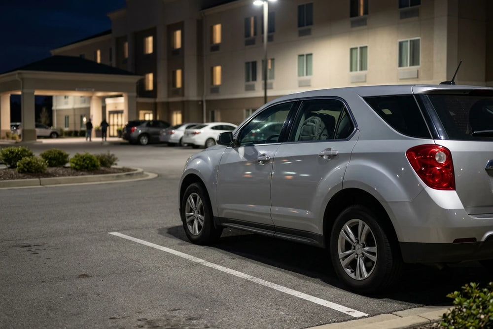 The car sleeps outside. The laptop doesn’t have to come up to the room.